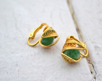 1960s Jade Green and Filigree Clip Earrings