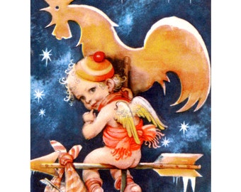 Christmas Card - Cherub with Rooster Weathervane Starry Night - Jack Frost - Artelius