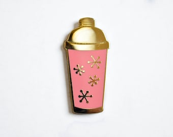 SECONDS SALE Atomic Cocktail Shaker Enamel Pin - Hard Enamel Pin - Cloisonné Pin - Lapel Pin - Bartender - Coral Pink - Mid Century Pin