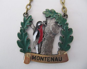 Woodpecker medal medallion, vintage Belgian medals, 1975 woodpecker bird medal from Montenau Belgium, jewelry keychain component, Ardennes