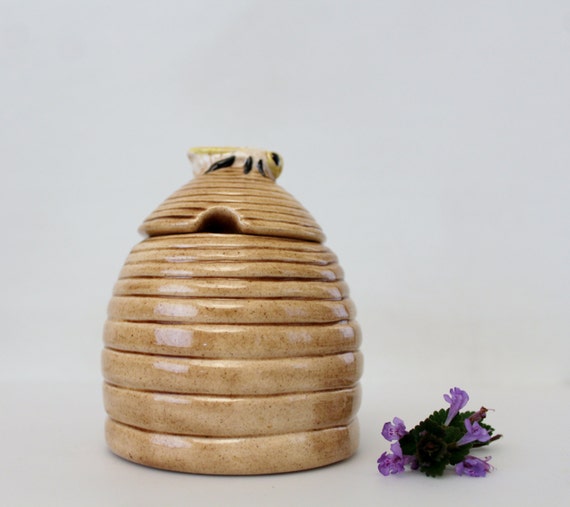 Vintage Ceramic Beehive Honey Pot Honey Bee Lid Storage 0855