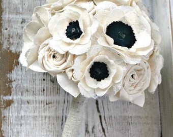 Fabric Flower Bouquet - Anemone Wedding Flowers // Bridal Bouquet, Anemone, Wedding Bouquet, Bridal Flowers, Ivory, Black, Lace, Wedding