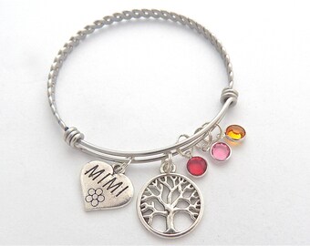 Personalized Mimi Gift, Gifts for Mimi, Mimi Bracelet, Mimi Jewelry, Grandmother Family Tree Bracelet, Birthstones Bangle, Mothers Day Gift