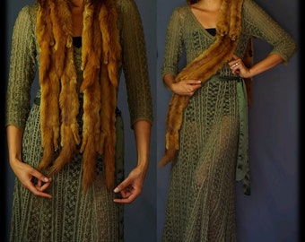last century 8 mink fur stole / vintage body wrap in warm glossy fur with cute full bodies tails and heads /1930s 1940s stole