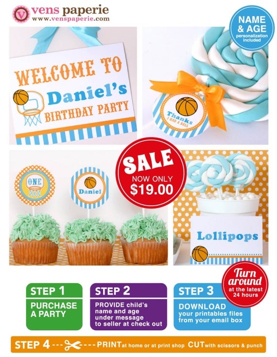 Basketball Birthday Party Package Personalized FULL Collection Set - PRINTABLE DIY - PS833CA1x Il_570xn
