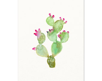 Pink / Green Cactus Art Print. Desert Boho Apartment Wall Art. Prickly Pear Cactus Painting. Modern Boho Cactus Art Print. Dorm Decor.