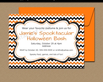 Halloween Party Invites, Halloween Invitation Printable, Halloween Birthday Invitation Instant Download, Orange and Black Chevron Invitation