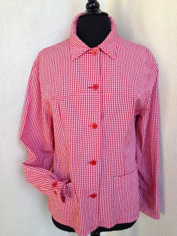 Vintage red white checker blouse by New Man France cotton sz L