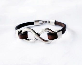 leather and silver plated engraved infinity bracelet for by Caotik