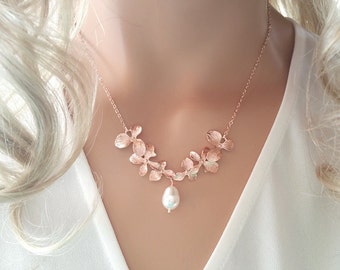 Rose Gold Pearl Necklace Orchid Necklace, Flower Necklace, Wedding, Bridesmaid gifts, Mother, Sister, Wife, Pearl, Bridesmaid Jewelry ,