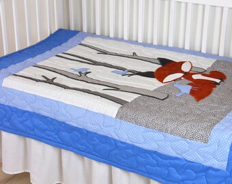 Fox Blanket, Woodland Nursery Quilt, Baby Boy Quilt, Boy Crib Bedding, Forest Blanket, Blue Gray Blanket, Custom Made