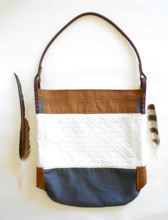 Color Block Canvas Tote Bag with Leather Straps
