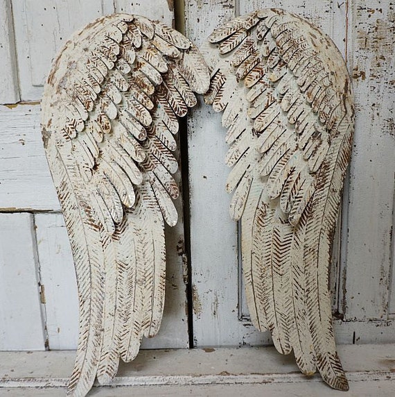 White metal angel wings large heavily distressed wall hanging