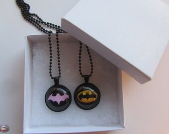 BatGirl Batman Robin Couples Necklace BFF Glass Pendant Necklace