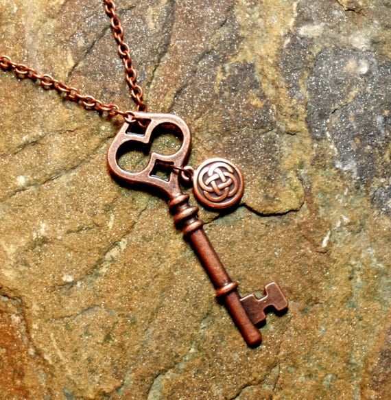 Skeleton Key Necklace Copper Vintage Style Celtic Knot Charm