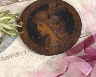 Native American Indian Princess Wood Pyrography Art, Art Nouveau, Pretty Lady Woman, DARK PATINA, Burned Burnt Wood Folk Art, Primitive