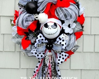 Nightmare Before Christmas Wreath, Jack Skellington Wreath, Black and White Stripes Santa Hat