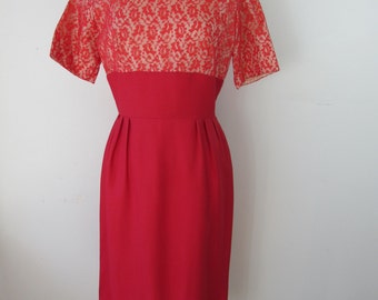 1950s - Early 1960s Red Wiggle Dress with Lace Bodice