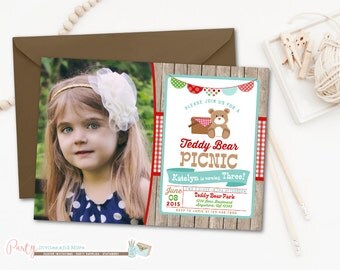 Picnic Birthday Invitation, Teddy Bear Picnic, Red Gingham Invitation, Wood and Gingham, Picnic Invitation, Summer Invitation, Teddy Bears