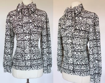 1980s ascot blouse, black and white print, long sleeve top, SK & company, medium