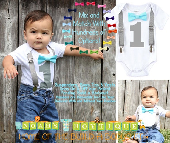 Boys First Birthday Outfit - Baby Boy Birthday Clothes -1st Birthday - Grey Blue Aqua Birthday - First Birthday - Suspenders Bow Tie - Shirt Il_570xn