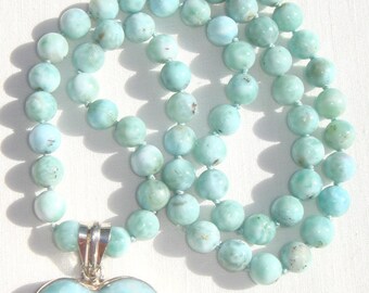 Larimar Heart Necklace, Larimar Heart Pendant, Blue Larimar Pendant Necklace, Larimar Pendant, Hand-knotted Dominican Larimar Gemstones
