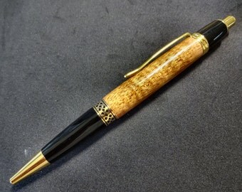 Curly Koa Mesa Style Click Ballpoint Pen, Hand Turned, 24kt Gold Plated, Hawaiian High Grade Curly Koa In A Maple Hardwood Box
