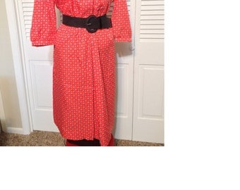 Vintage red day dress with blue and white pattern
