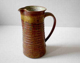 Vintage Tall Pottery Pitcher with Handle, Earthen Red-Brown Ceramic Coiled Jug, Hand Thrown Red Ceramic Vase, Utensil Holder, Marked Rouch