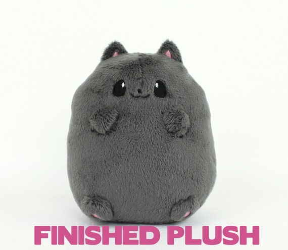 Kawaii round anime cat plush charcoal grey handmade stuffed