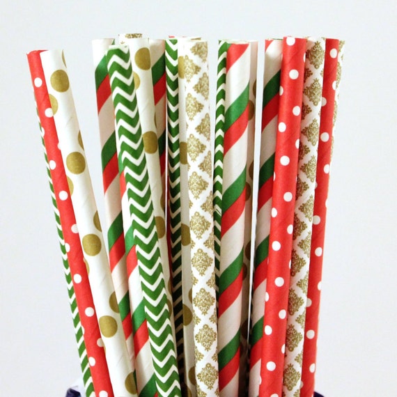 Christmas Paper Straw Mix-Red Straws-Green Straws-Gold Straws-Polka Dot Straws-Striped Straws-Chevron Straws-Damask Straws-Party Straws Il_570xn