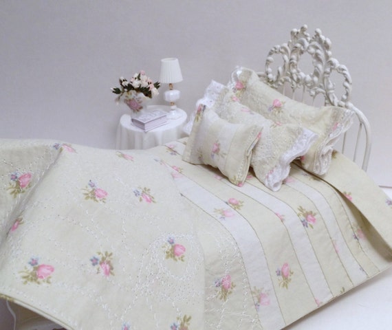 sage green pink roses shabby cottage chic quilted 1 12 scale sage green pink roses shabby cottage chic quilted 1 12 scale