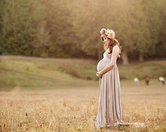 NUDE Ready to Ship Maternity Gown, Stretchy Split Center Maternity Dress Photography Fabric Prop