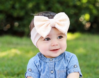 Baby girl headbands, cream bow head wrap, sequin sparkle bow, infant headband, baby head wrap, baby bows, cream headbands, 1st birthday