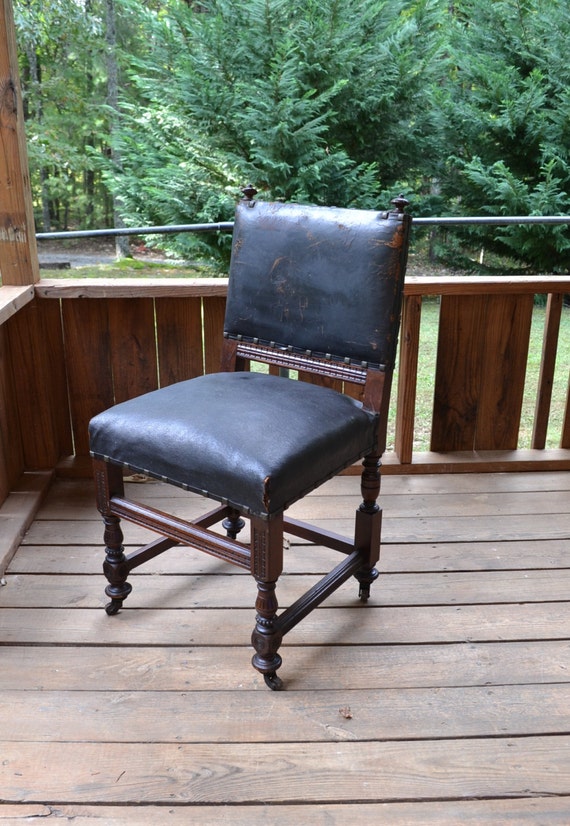 Vintage Wooden Desk Chair Black Leather Seat and Back Ornate