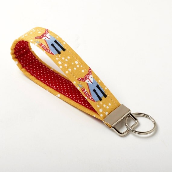 Fox Key Fob Short Lanyard Cute Keychain Wristlet Mustard