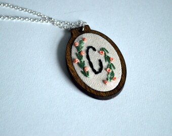 Hand Embroidered Initial Necklace - Monogram Hoop Art Jewelry - Personalized Pendant - Sterling Silver & Wood