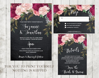 chalkboard wedding invitation, Printable wedding invitation set, digital wedding invitation suite, burgundy wedding invitation, YOU PRINT