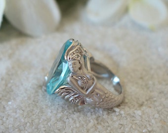 Sale! 15 ct Oval Mermaid Ring, Man Made Blue Aquamarine Simulant, Engagement Ring, Sea Goddess, Bridal Ring, Promise Ring, Sterling Silver