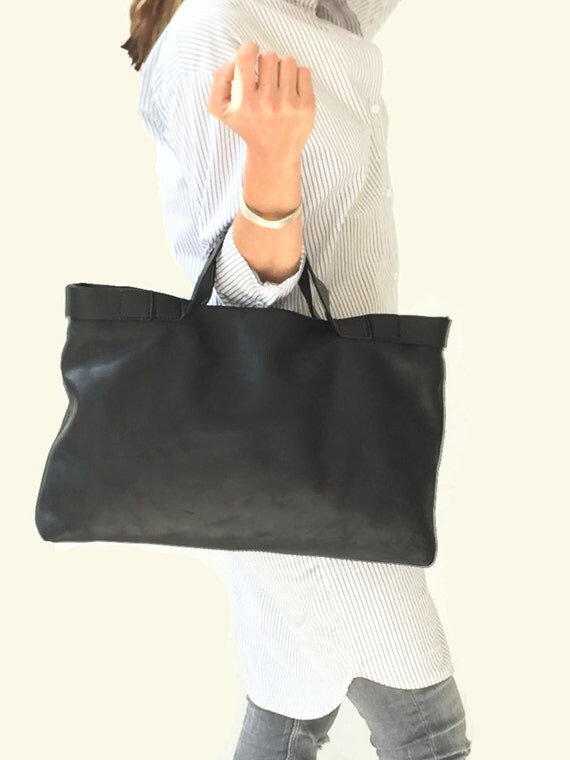 Black Leather Bag CrossBody Bag Laptop Bag by LadyBirdesign