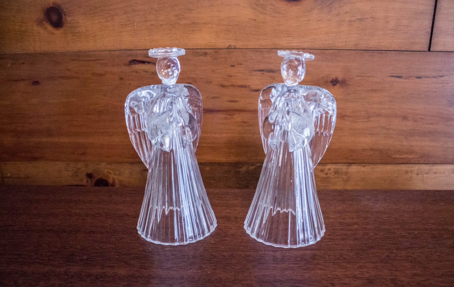 Set of Two Tall Vintage Glass Angel Taper Candle Holders
