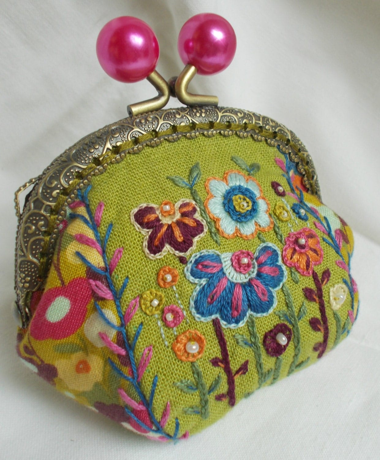 Little Millie hand embroidered coin purse green deep pink