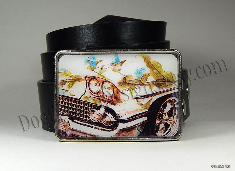 Belt Buckle Vintage Car Blue Flowers Unique Belt Buckle Womens