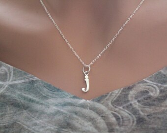 Sterling Silver Lowercase J Initial Charm Necklace, J Initial Necklace, Large J Letter Necklace, J Necklace, Typewriter J Initial Necklace