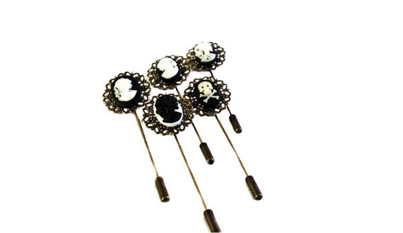 Steampunk Hat Pins, Top Hat Pins, Gift Set of 5, Steam punk Cameo, Gothic Pins, Black and White Cameos, Fascinator Pins, Lapel Pins by OneStopSteamShoppe steampunk buy now online