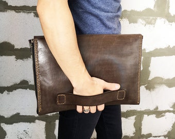 Leather Laptop case with Charger case Dell laptop case Leather charger bag Leather cable organizer Zippers laptop case Dark brown leather