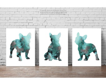 French Bulldog Decor Set of 3 Art Prints, Teal Wall Painting Frenchie Poster, Turquoise Abstract Dog Silhouette, Green and Grey Illustration