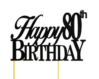 Black Happy-80th-Birthday Cake Topper, 1pc, Birthday, Black Glitter, Cake Decor, Handcrafted Party Decor, Party Supplies