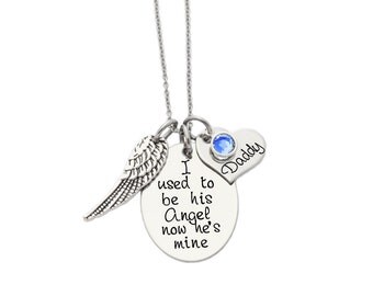 Personalized Necklace - I used to be his Angel now he's mine - Hand Stamped Necklace - Angel Wing - Heart Charm - Memorial Jewelry- ANY NAME