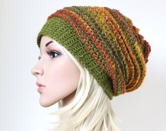Women's Crochet Hat, Boho Beanie, Green Slouch, Colorful Baggy Hat, Unique Winter Accessory, Women's Slouchy Beanie, Chunky Wool Hat
